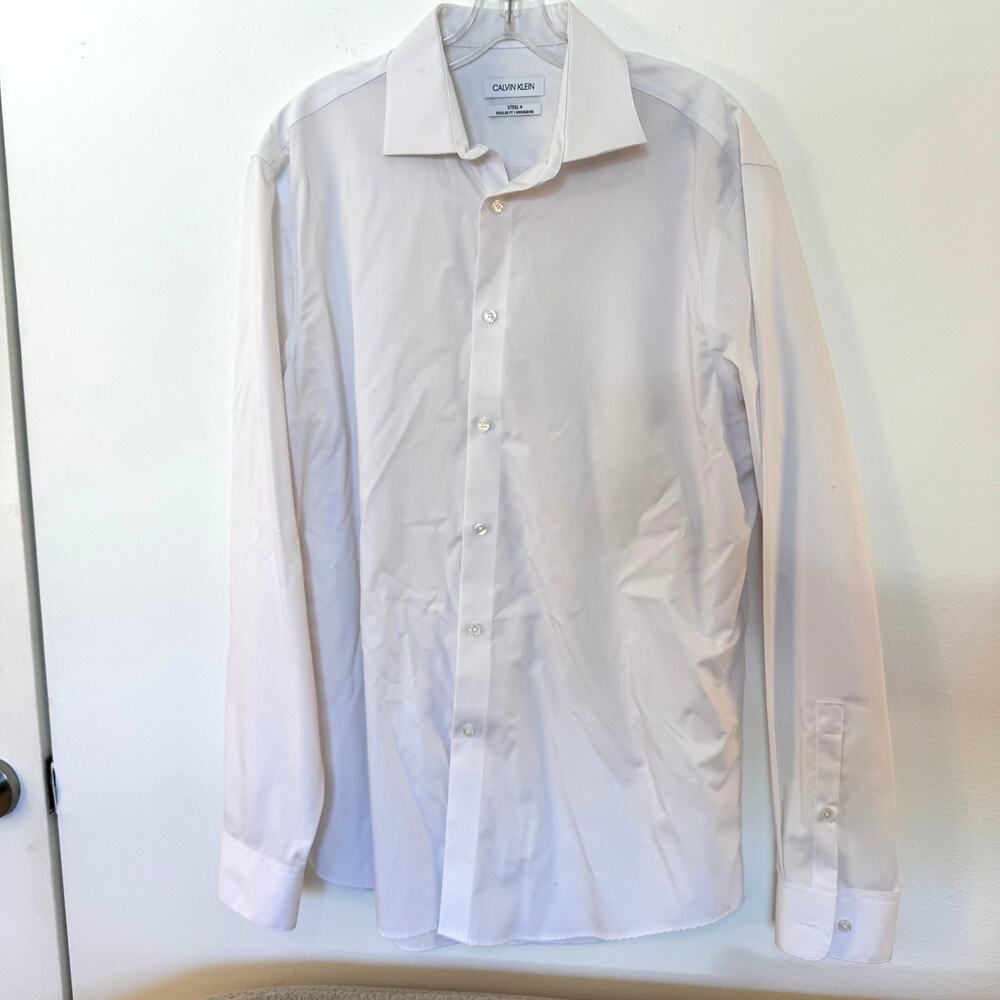 Calvin Klein Steel+ Herringbone Dress Shirt White 16 34/35 Regular Fit Mens L